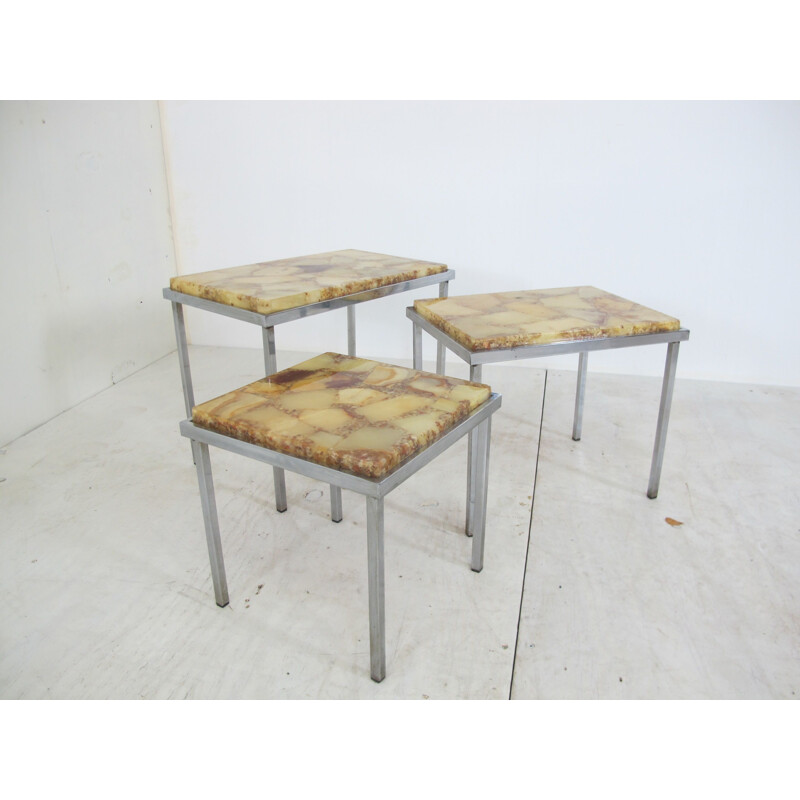 Vintage Hollywood Regency Chrome and Marble Nesting Tables, 1960s