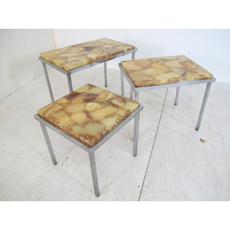 Vintage Hollywood Regency Chrome and Marble Nesting Tables, 1960s