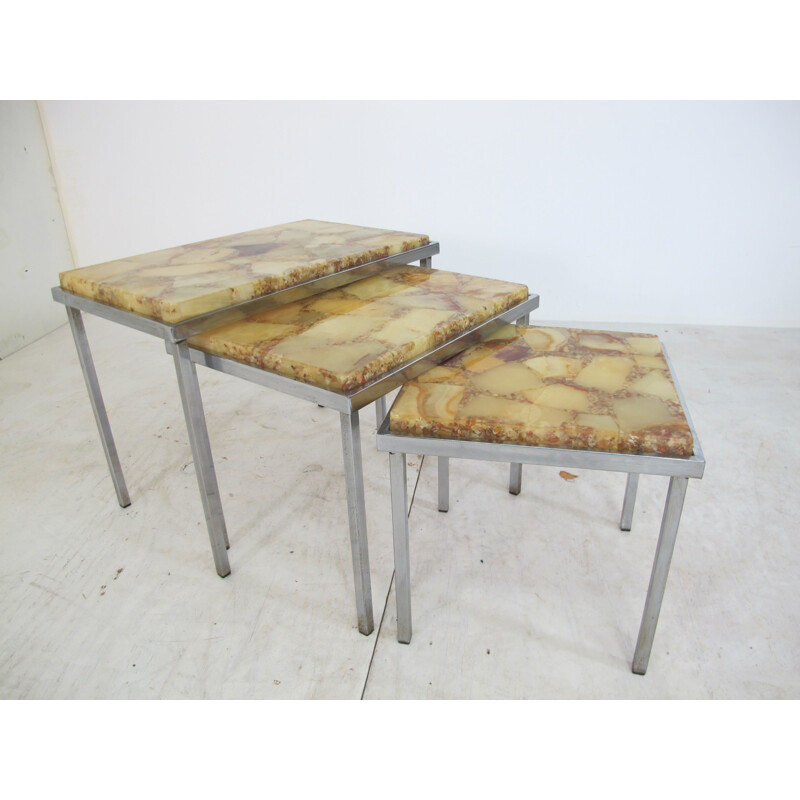 Vintage Hollywood Regency Chrome and Marble Nesting Tables, 1960s