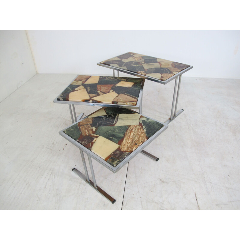 Vintage Hollywood Regency Chrome and Marble Nesting Tables, 1960s
