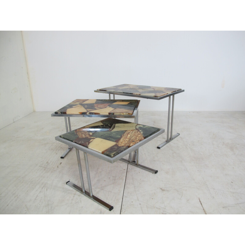 Vintage Hollywood Regency Chrome and Marble Nesting Tables, 1960s