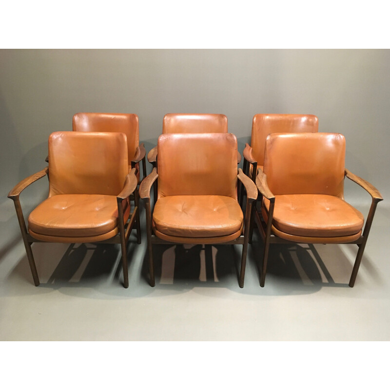 Set of 6 vintage Scandinavian leather armchairs by Kofod Larsen 1950