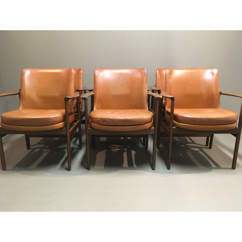 Set of 6 vintage Scandinavian leather armchairs by Kofod Larsen 1950