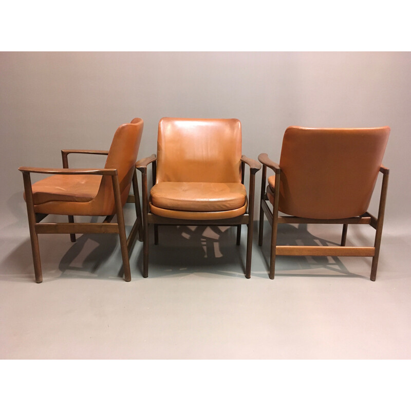 Ensemble de 6 fauteuils scandinave vintage en cuir par Kofod Larsen 1950