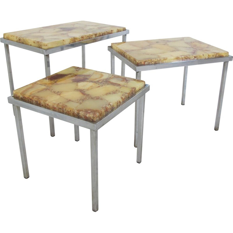 Vintage Hollywood Regency Chrome and Marble Nesting Tables, 1960s