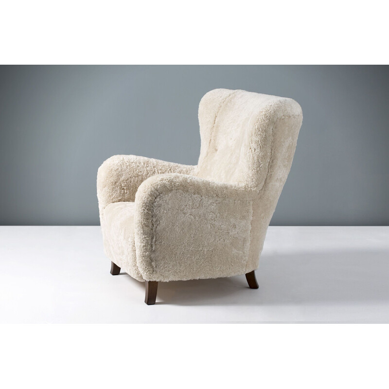 Vintage Christian Sorensen Danish sheespkin wing chair, 1950s 