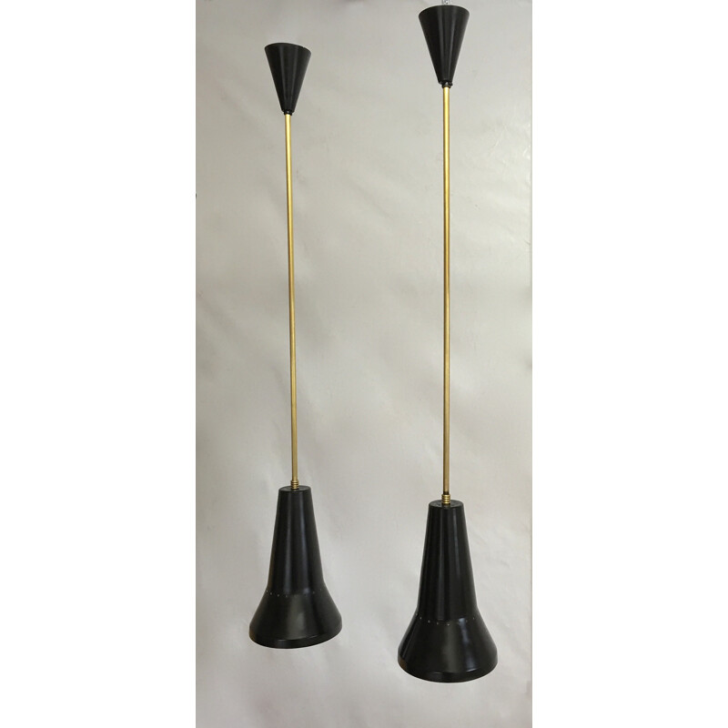 Pair of Stilux black pendant lamps with long stems - 1960s