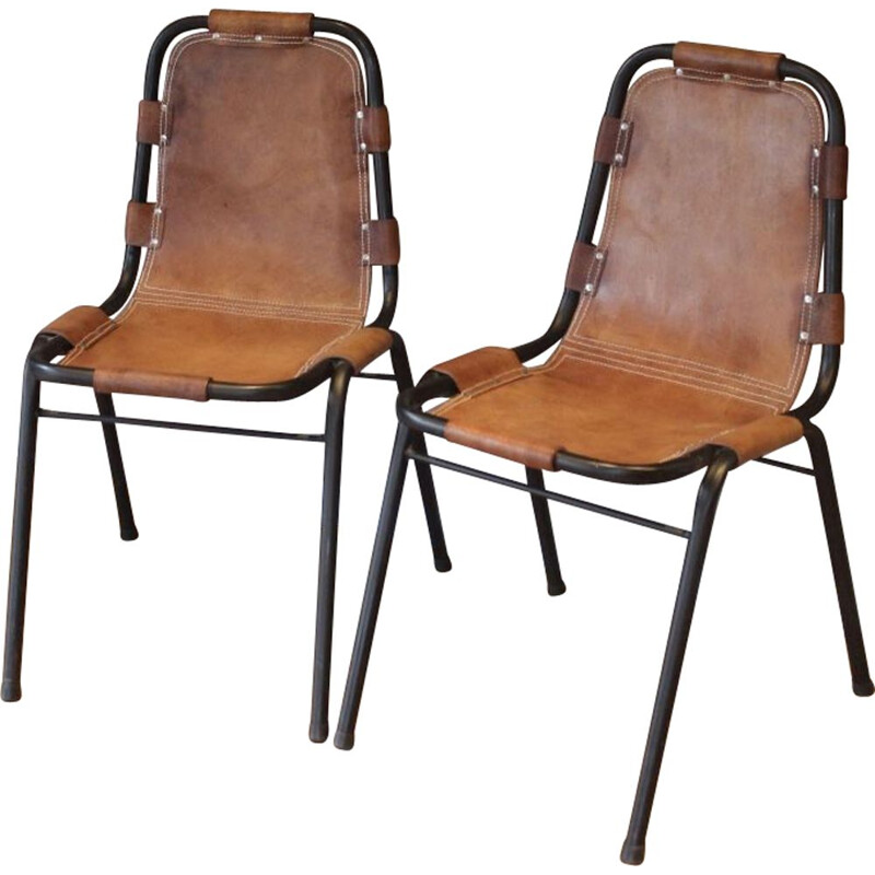 Paire de chaises vintage sourcées par Charlotte Perriand, modèle "Les Arcs ", 1960
