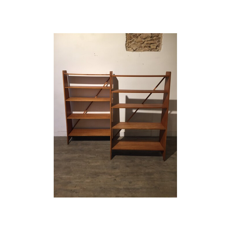 Pair of bookcases in ash wood with 5 shelves - 1950s