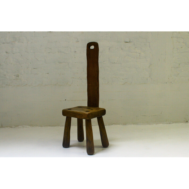 Brutalist vintage solid oak chair, 1950