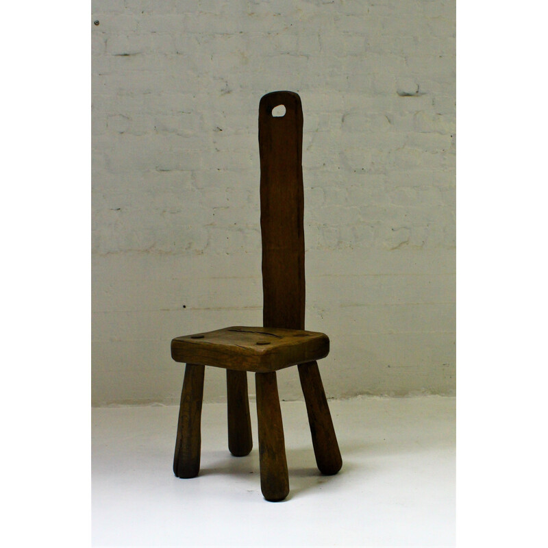 Brutalist vintage solid oak chair, 1950