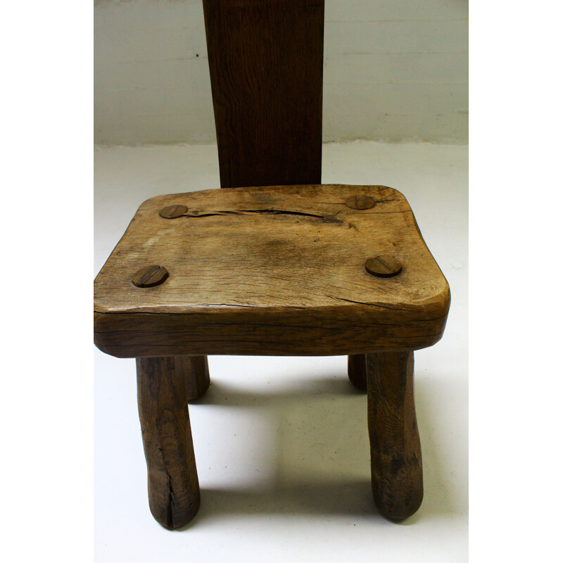 Brutalist vintage solid oak chair, 1950