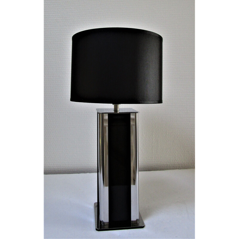 Vintage stainless steel and black plexiglass table lamp 1970