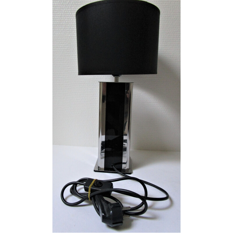 Vintage stainless steel and black plexiglass table lamp 1970