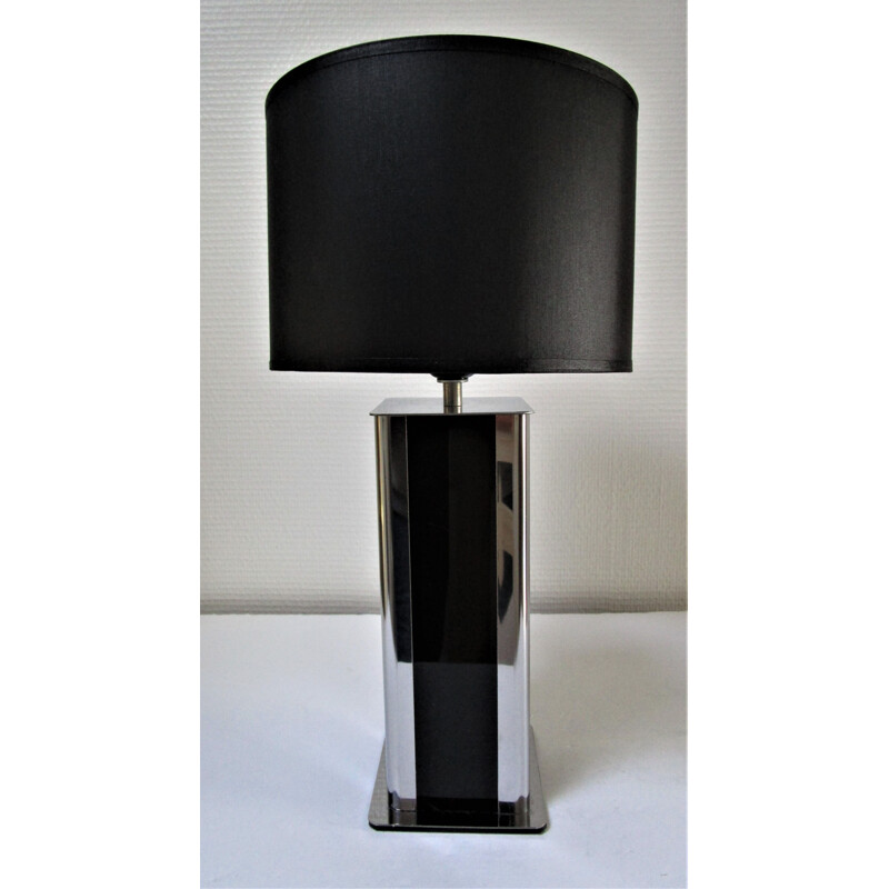 Vintage stainless steel and black plexiglass table lamp 1970