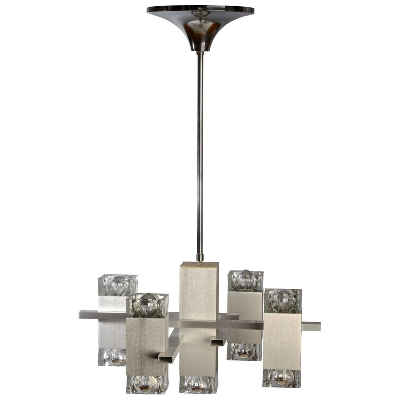 Nine-light Cubic chandelier in polished aluminum and cut-glass, Gaetano SCIOLARI - 1960s