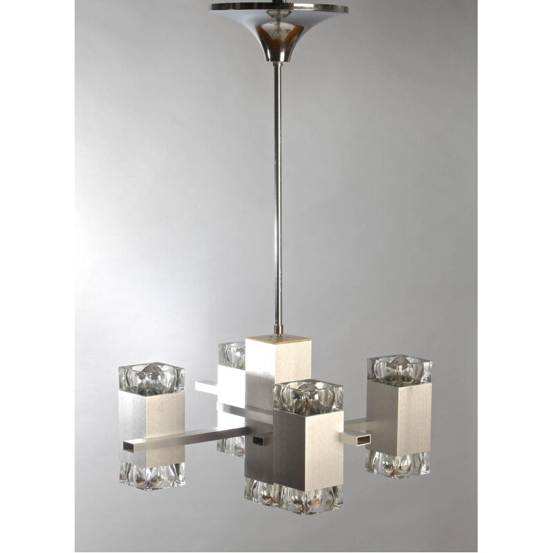 Nine-light Cubic chandelier in polished aluminum and cut-glass, Gaetano SCIOLARI - 1960s
