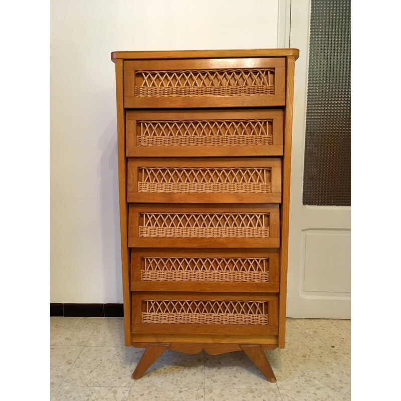 Vintage rattan chest of drawers with 6 drawers 1950