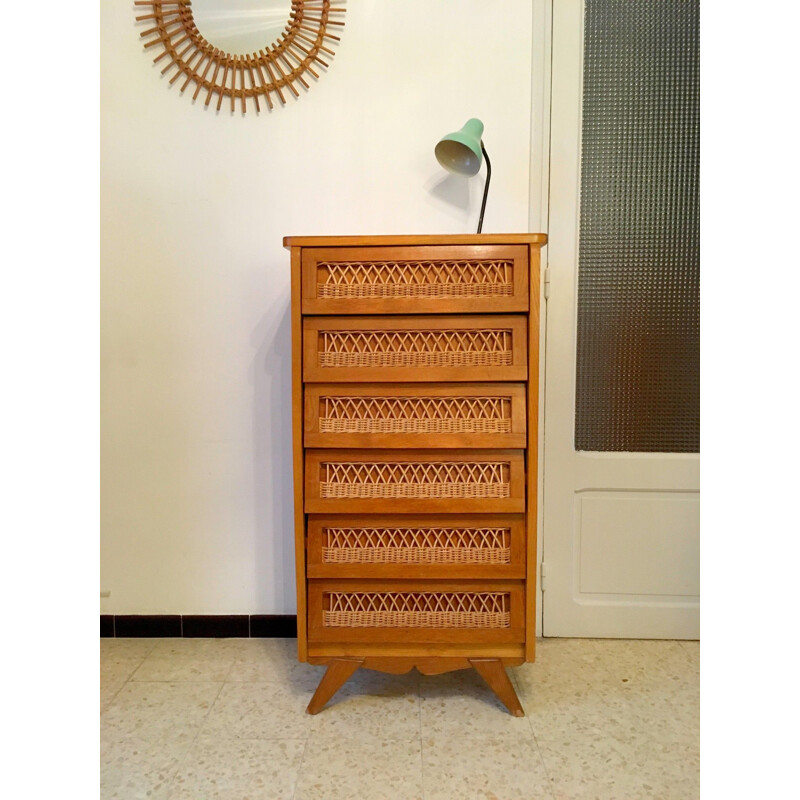 Vintage rattan chest of drawers with 6 drawers 1950