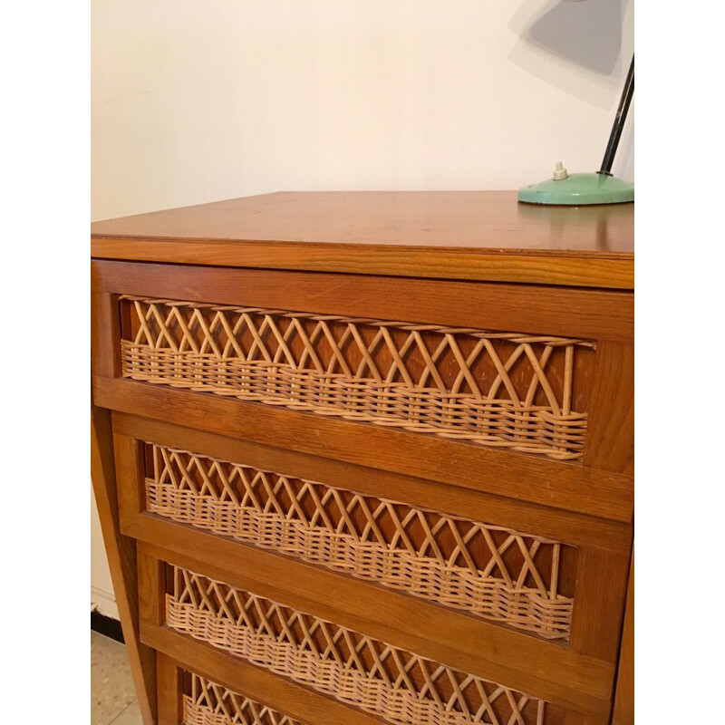 Vintage rattan chest of drawers with 6 drawers 1950