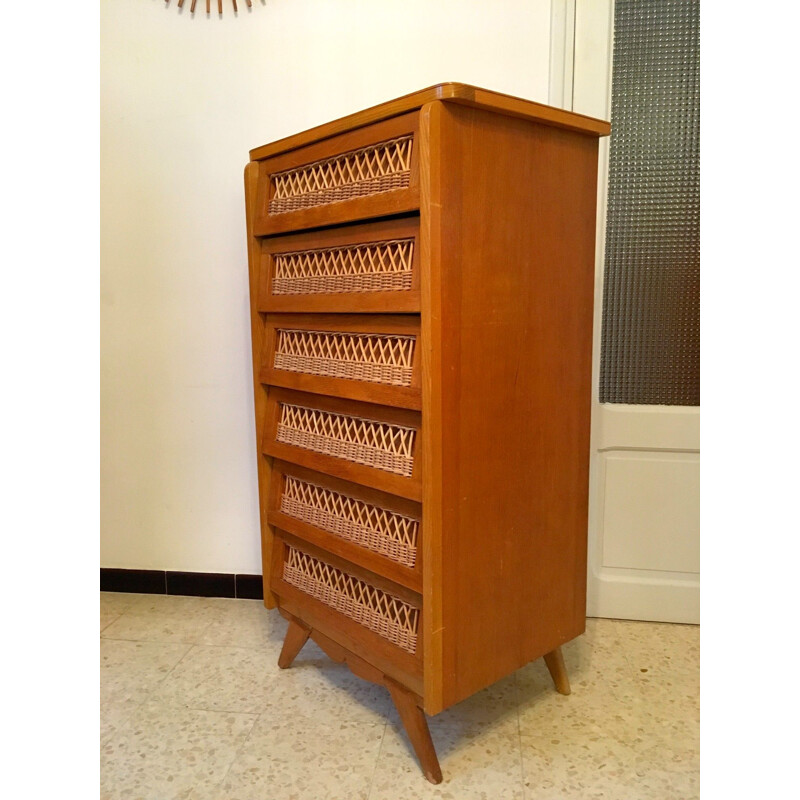 Vintage rattan chest of drawers with 6 drawers 1950