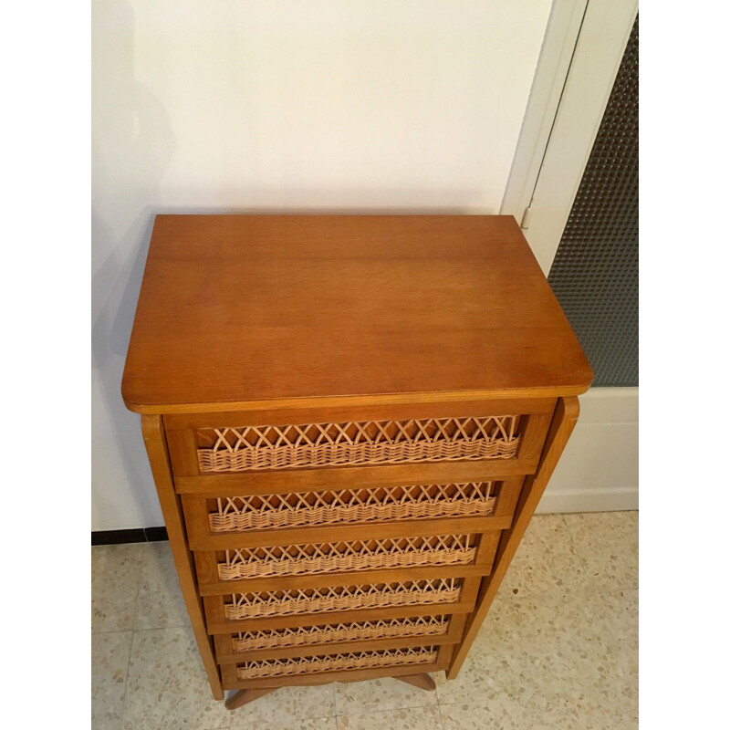 Vintage rattan chest of drawers with 6 drawers 1950