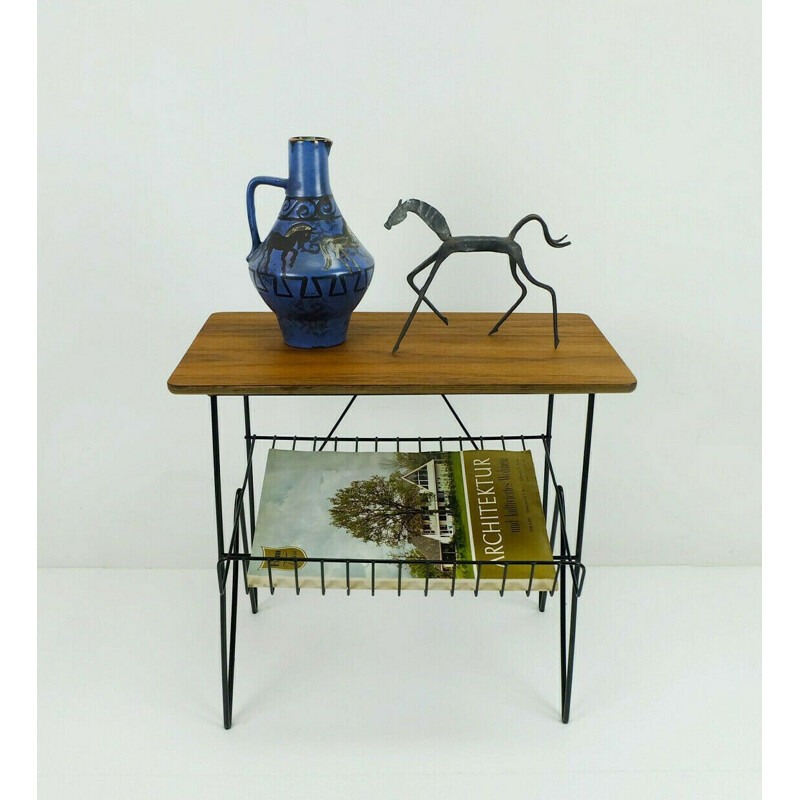 Vintage side table in metal and teak with magazine rack 1950-1960