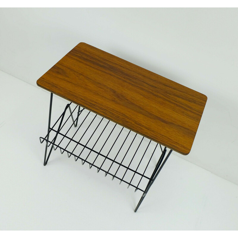 Vintage side table in metal and teak with magazine rack 1950-1960