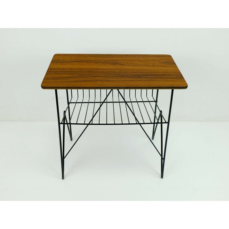 Vintage side table in metal and teak with magazine rack 1950-1960