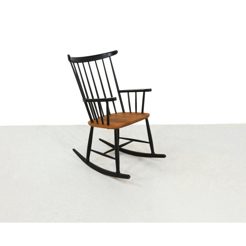 Vintage rocking chair in blac laecquered wood and teak
