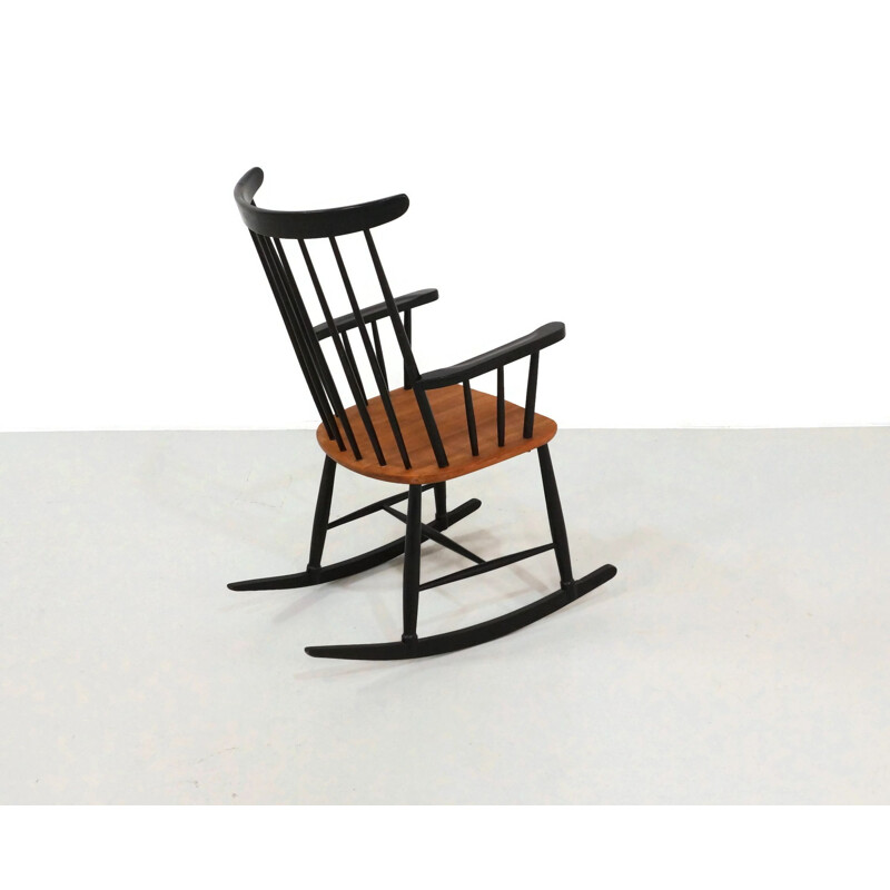 Vintage schommelstoel in zwart gelakt hout en teakhout