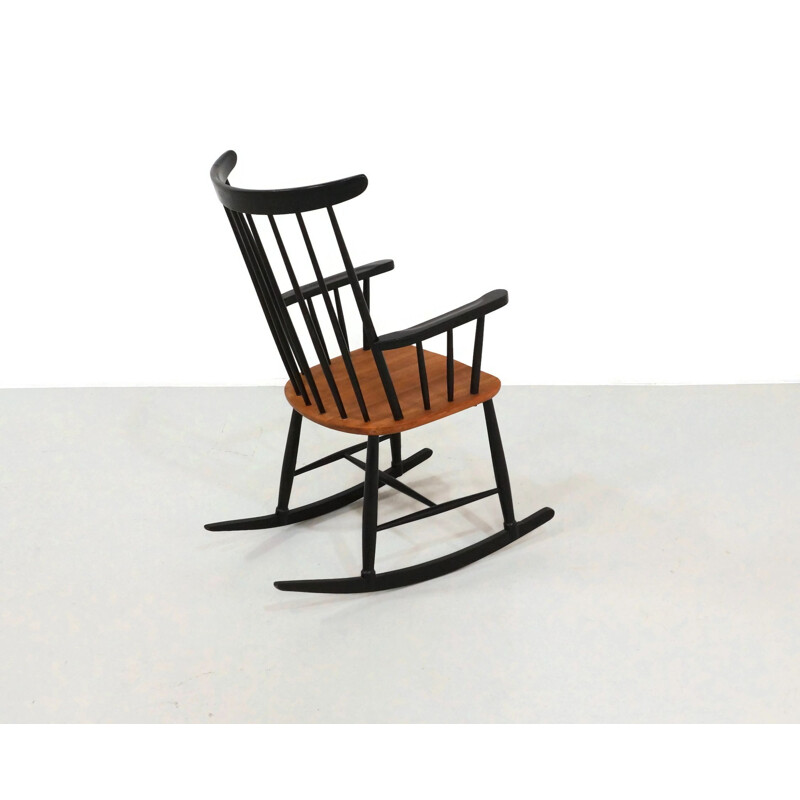 Vintage rocking chair in blac laecquered wood and teak