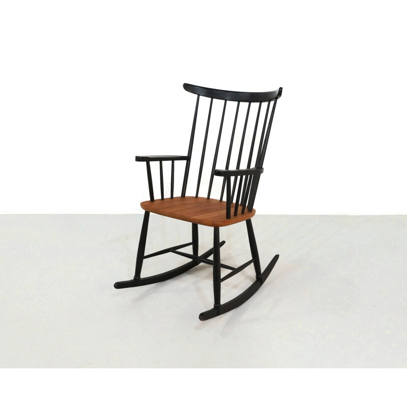 Cadeira de baloiço Vintage em madeira pintada de preto e teca