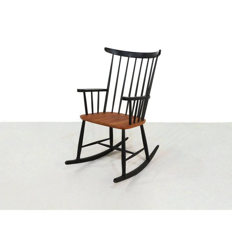 Vintage rocking chair in blac laecquered wood and teak