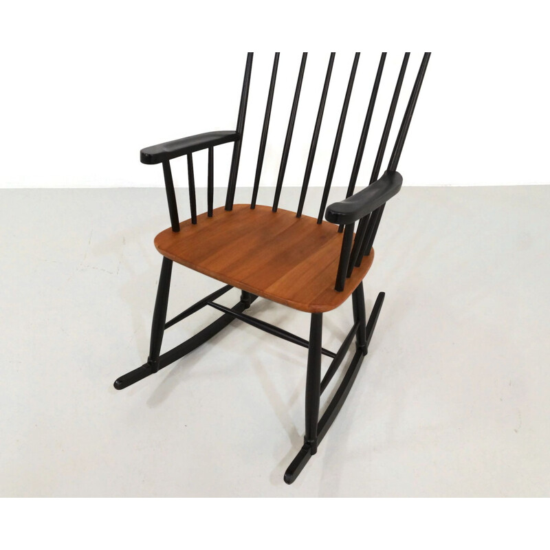 Vintage rocking chair in blac laecquered wood and teak