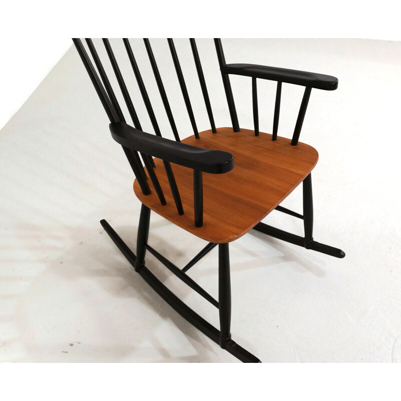 Cadeira de baloiço Vintage em madeira pintada de preto e teca