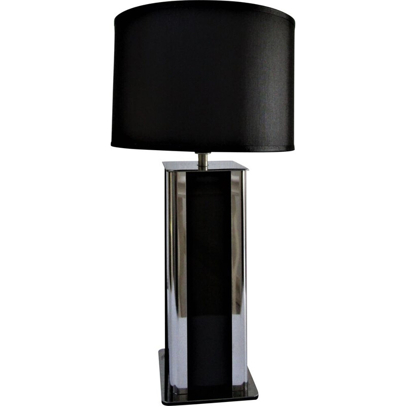 Lampe de table vintage en inox et plexiglas noir 1970