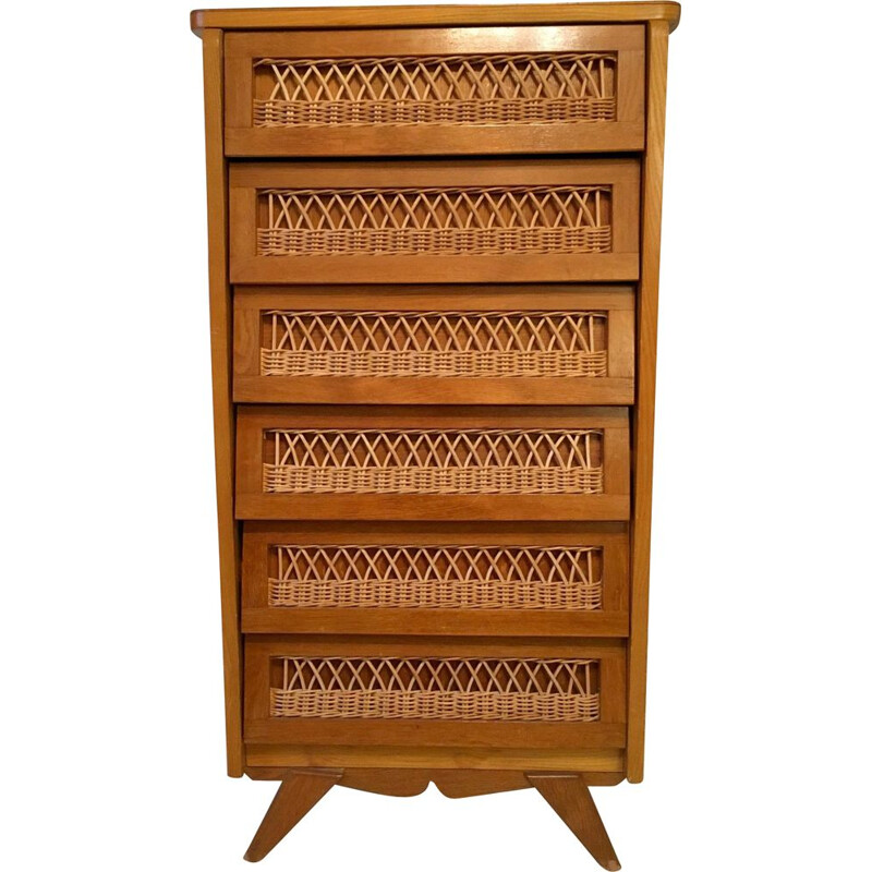 Vintage rattan chest of drawers with 6 drawers 1950