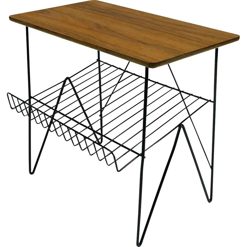 Vintage side table in metal and teak with magazine rack 1950-1960