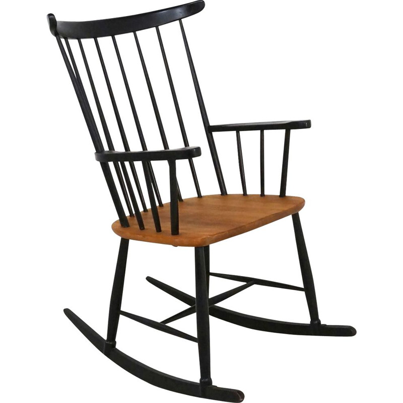 Rocking chair vintage en bois laqué noir et teck
