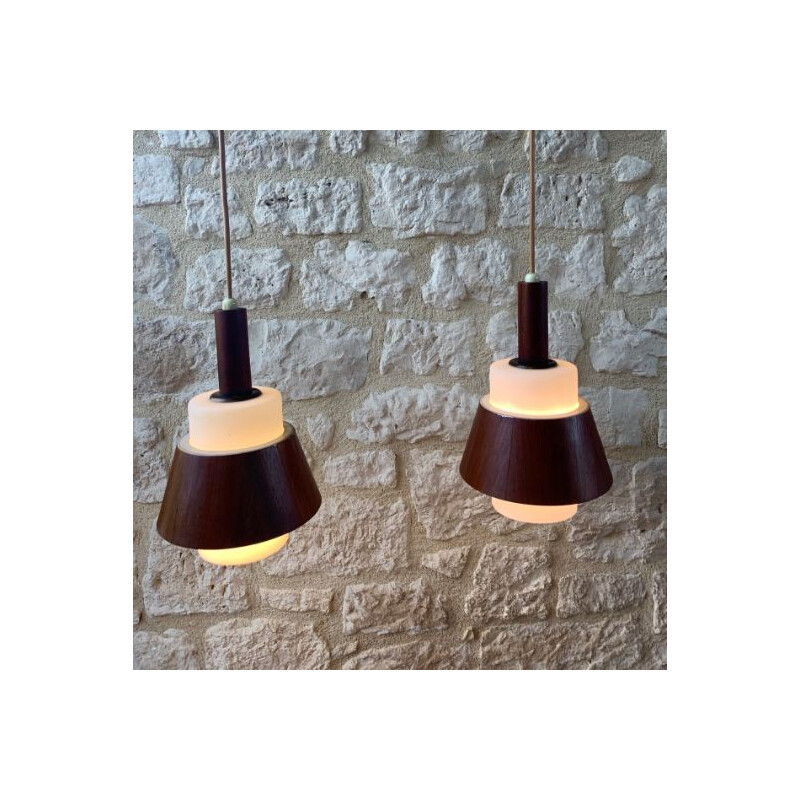 Pair of vintage Scandinavian teak hanging lamps 1960's 