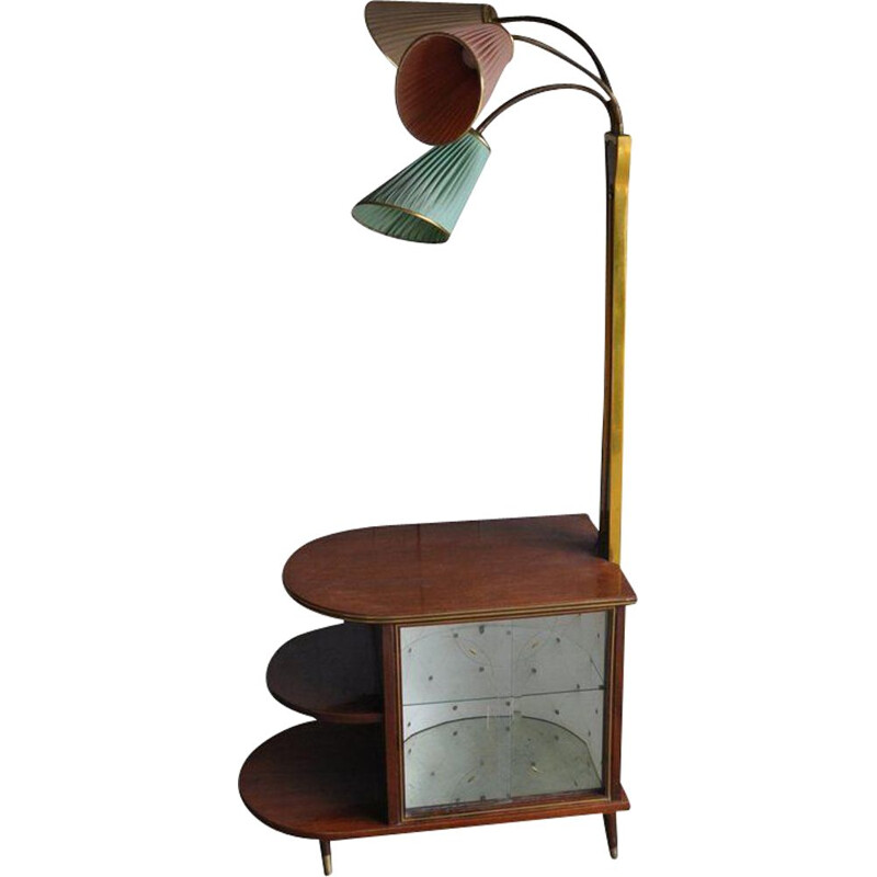 Bar vintage en noyer avec lampe, 1950