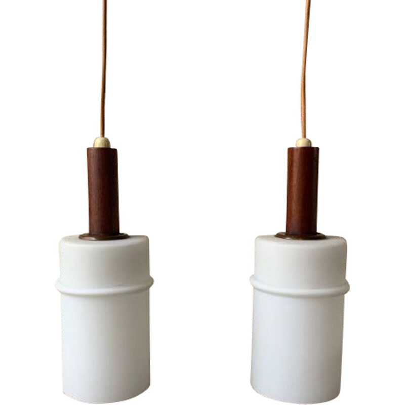 Pair of vintage Scandinavian teak hanging lamps 1960's 