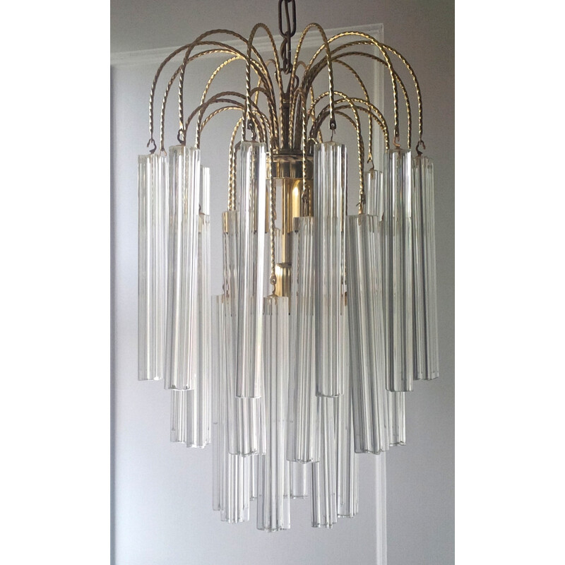 High italian Venini chandelier with handcut crystal prisms - 1960s