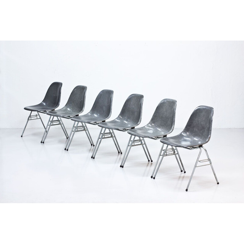 Vintage set of 6 Grey Fiberglass Model DSS Dining Chairs by Charles & Ray Eames for Hille