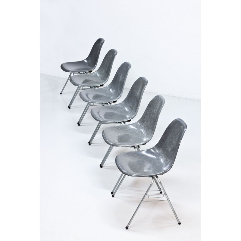 Vintage set of 6 Grey Fiberglass Model DSS Dining Chairs by Charles & Ray Eames for Hille