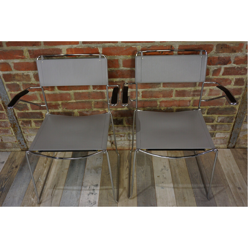 Pair of vintage Italian leather and chrome armchairs