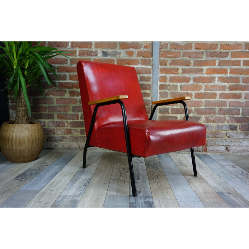 Vintage red Rio armchair by Pierre Guariche for Meurop 1950