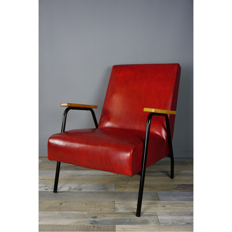 Vintage red Rio armchair by Pierre Guariche for Meurop 1950