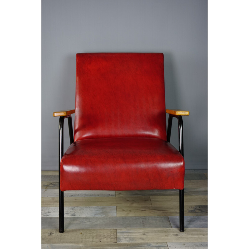 Vintage red Rio armchair by Pierre Guariche for Meurop 1950